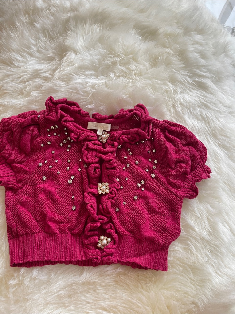 LoveShackFancy Magenta Embellished Ruffle Short Cardigan - Picture 7 of 8